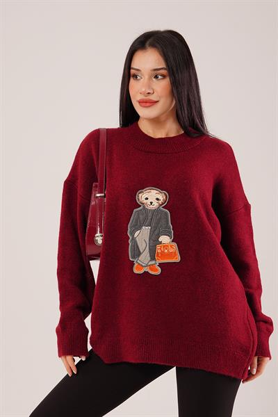 Panda Nakışlı Oversize Bordo Kazak
