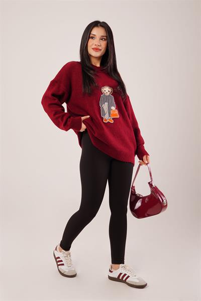 Panda Nakışlı Oversize Bordo Kazak