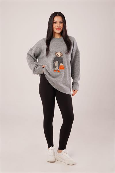 Panda Nakışlı Oversize Gri Kazak