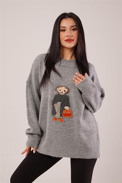 Panda Nakışlı Oversize Gri Kazak