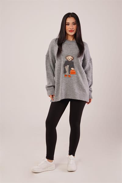 Panda Nakışlı Oversize Gri Kazak