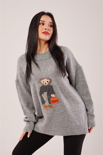 Panda Nakışlı Oversize Gri Kazak