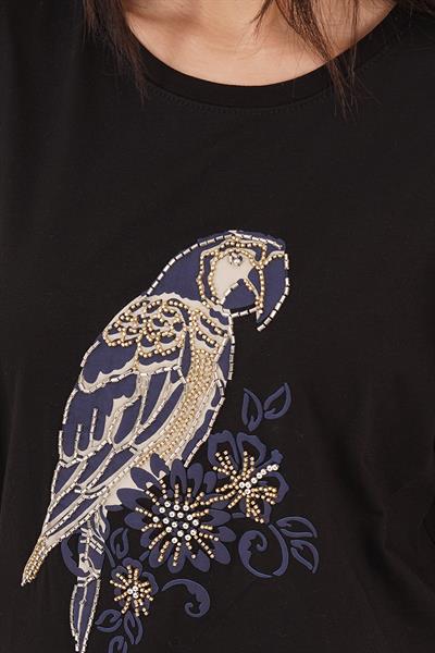 Papağan Desenli ve Taş Detaylı Siyah Tişört