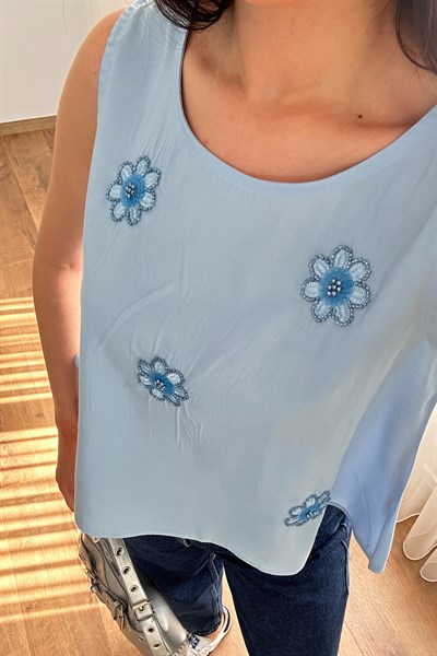 Papatya Boncuk İşlemeli Kalın Askılı Bebe Mavisi Bluz