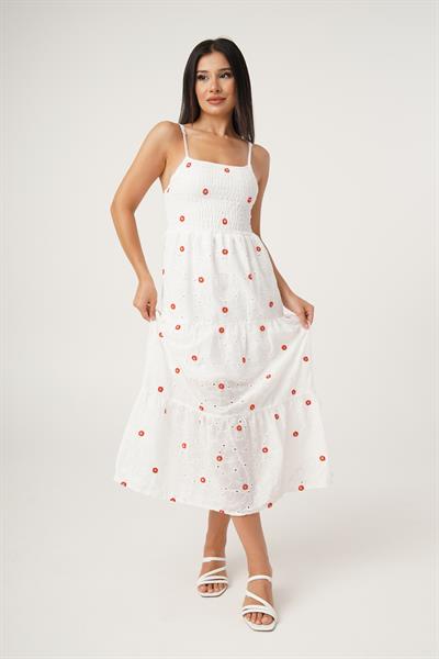 Papatya Nakışlı Gipeli Beyaz Elbise