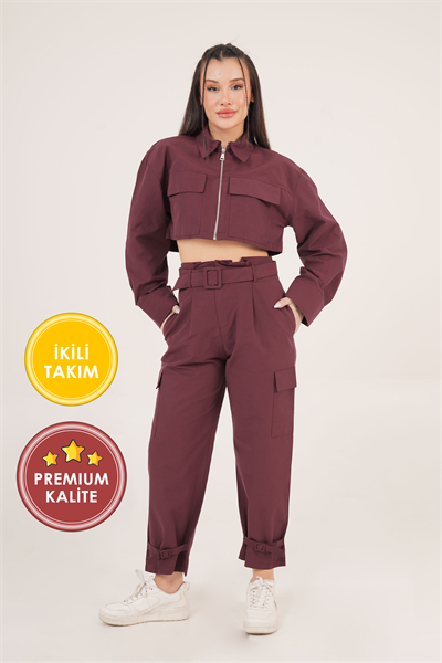 Paraşüt Kumaş Fermuarlı Ceket ve Kemerli Bordo Pantolon İkili Takım