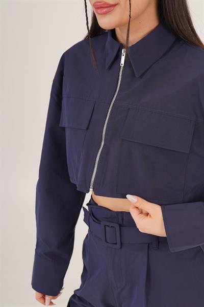 Paraşüt Kumaş Fermuarlı Ceket ve Kemerli Lacivert Pantolon İkili Takım