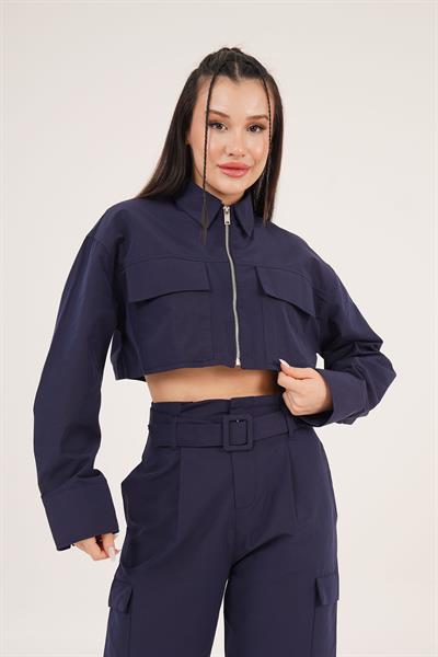 Paraşüt Kumaş Fermuarlı Ceket ve Kemerli Lacivert Pantolon İkili Takım