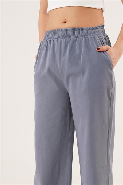 Bel Lastikli Paça Detaylı Cepli İndigo Pantolon