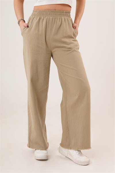 Bel Lastikli Paça Detaylı Cepli Haki Pantolon