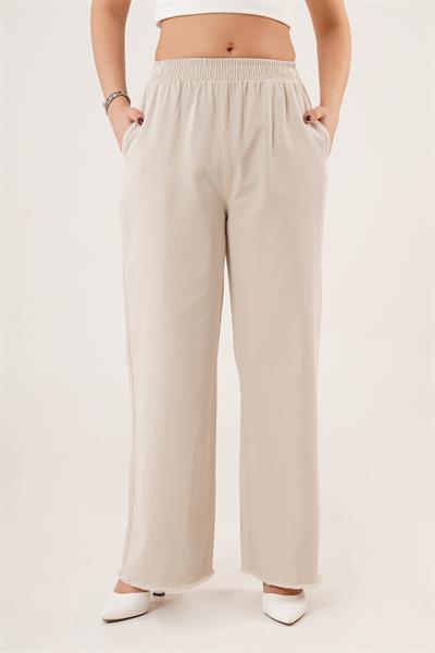 Bel Lastikli Paça Detaylı Cepli Bej Pantolon