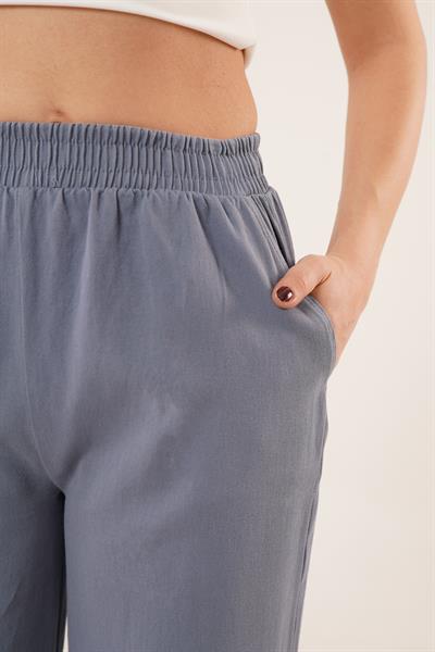 Bel Lastikli Paça Detaylı Cepli İndigo Pantolon