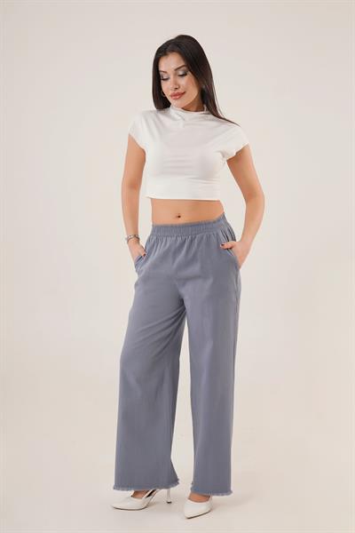 Bel Lastikli Paça Detaylı Cepli İndigo Pantolon