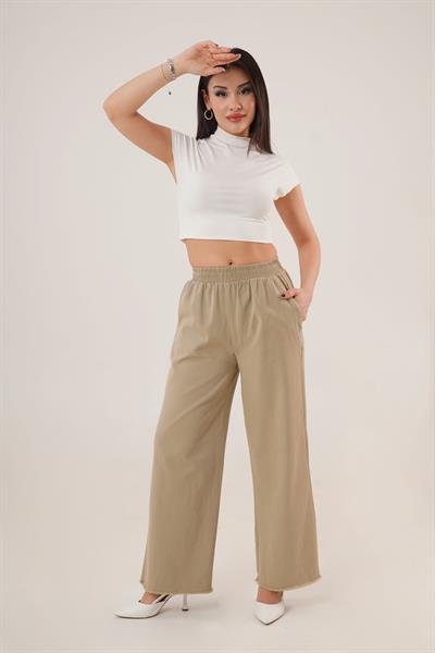 Bel Lastikli Paça Detaylı Cepli Haki Pantolon