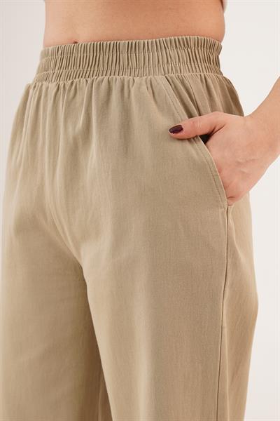 Bel Lastikli Paça Detaylı Cepli Haki Pantolon
