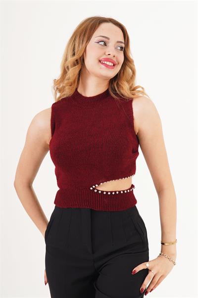 Parıltılı Taşlı Dekolteli Bordo Triko Süveter