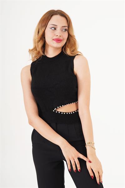Parıltılı Taşlı Dekolteli Siyah Triko Süveter