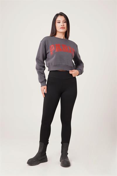 Paris Yazı Baskılı Kısa Antrasit Sweatshirt