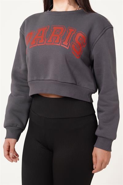 Paris Yazı Baskılı Kısa Antrasit Sweatshirt