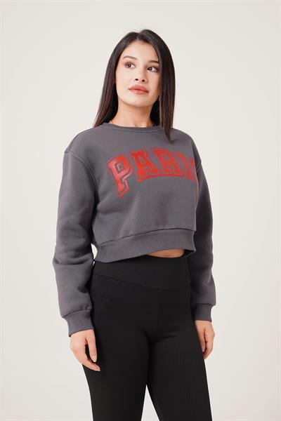 Paris Yazı Baskılı Kısa Antrasit Sweatshirt