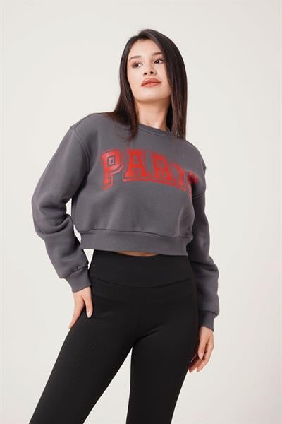 Paris Yazı Baskılı Kısa Antrasit Sweatshirt