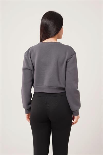Paris Yazı Baskılı Kısa Antrasit Sweatshirt