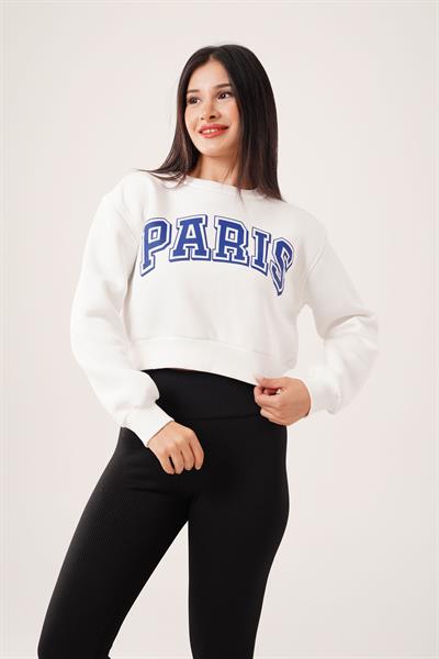 Paris Yazı Baskılı Kısa Beyaz Sweatshirt
