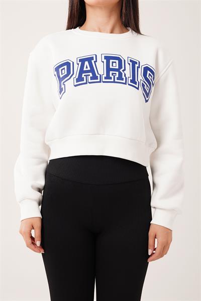 Paris Yazı Baskılı Kısa Beyaz Sweatshirt