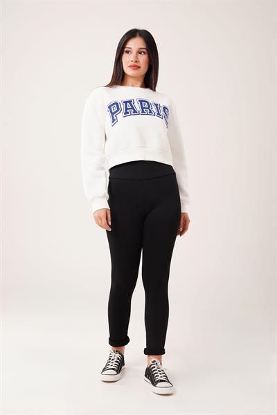 Paris Yazı Baskılı Kısa Beyaz Sweatshirt