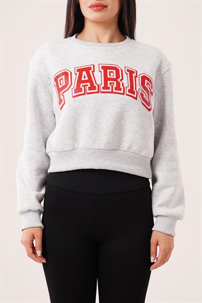 Paris Yazı Baskılı Kısa Gri Sweatshirt