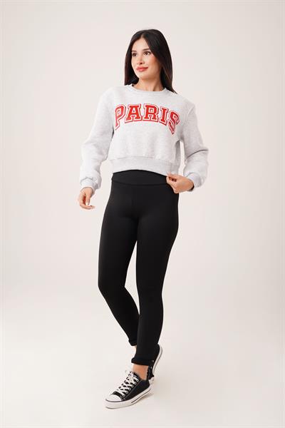 Paris Yazı Baskılı Kısa Gri Sweatshirt
