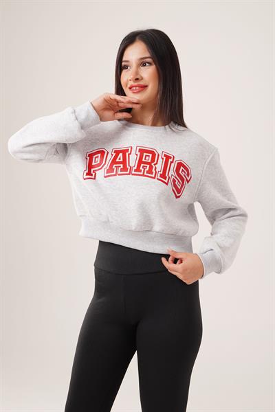 Paris Yazı Baskılı Kısa Gri Sweatshirt