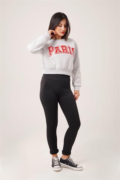 Paris Yazı Baskılı Kısa Gri Sweatshirt