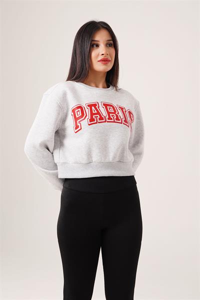 Paris Yazı Baskılı Kısa Gri Sweatshirt