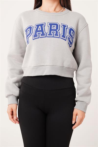 Paris Yazı Baskılı Kısa Koyu Gri Sweatshirt