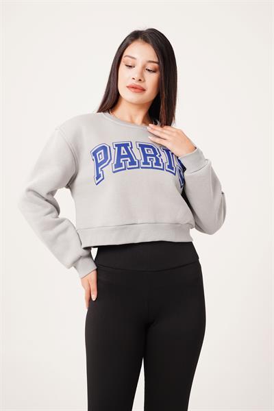 Paris Yazı Baskılı Kısa Koyu Gri Sweatshirt