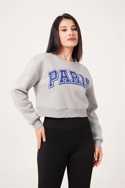Paris Yazı Baskılı Kısa Koyu Gri Sweatshirt