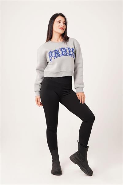 Paris Yazı Baskılı Kısa Koyu Gri Sweatshirt