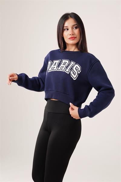 Paris Yazı Baskılı Kısa Lacivert Sweatshirt