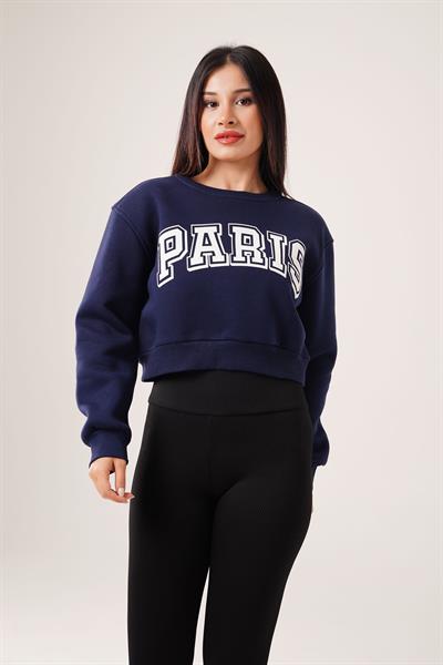 Paris Yazı Baskılı Kısa Lacivert Sweatshirt