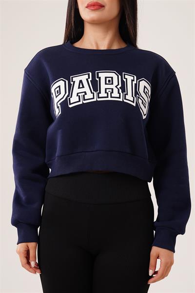 Paris Yazı Baskılı Kısa Lacivert Sweatshirt