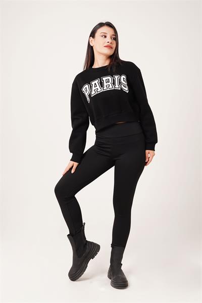 Paris Yazı Baskılı Kısa Siyah Sweatshirt