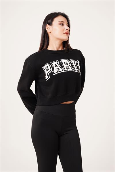 Paris Yazı Baskılı Kısa Siyah Sweatshirt