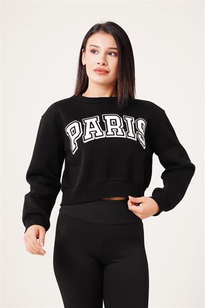 Paris Yazı Baskılı Kısa Siyah Sweatshirt