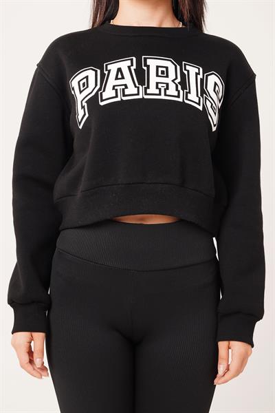 Paris Yazı Baskılı Kısa Siyah Sweatshirt