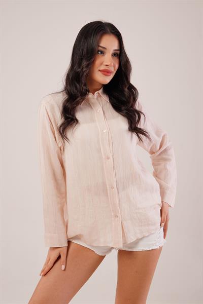 Parlak Efektli Düğmeli Bej Gömlek