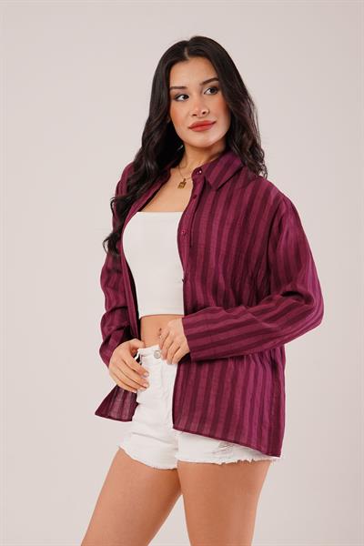 Parlak Efektli Düğmeli Bordo Gömlek