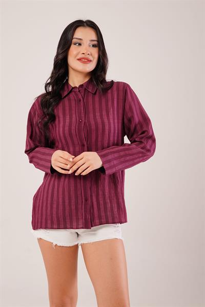 Parlak Efektli Düğmeli Bordo Gömlek