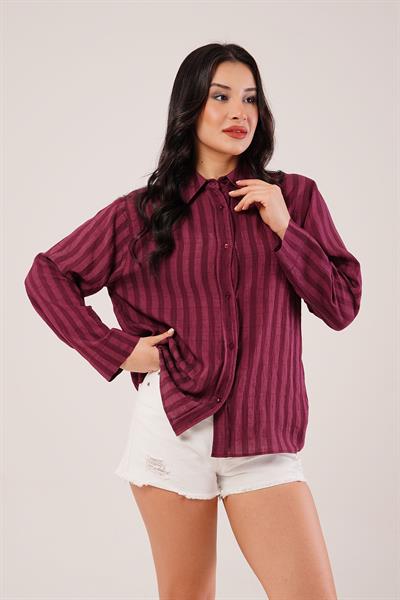 Parlak Efektli Düğmeli Bordo Gömlek