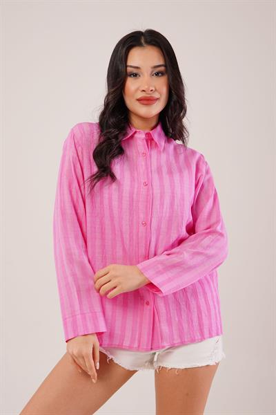 Parlak Efektli Düğmeli Fuşya Gömlek